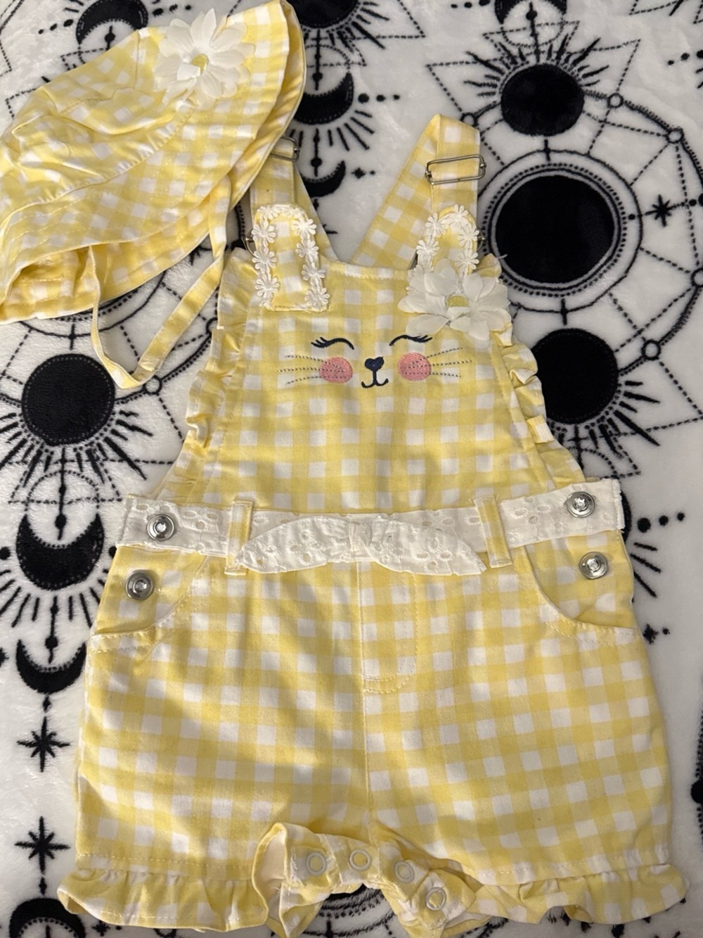 Yellow and White Gingham Overalls with Sun Hat